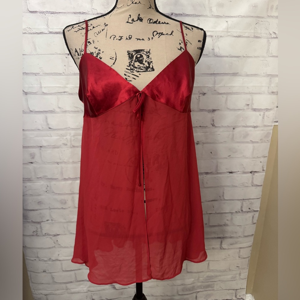 Victoria’s Secret Neglige Chemise Gown Size Med Red Open Front Satin Tie Sheer